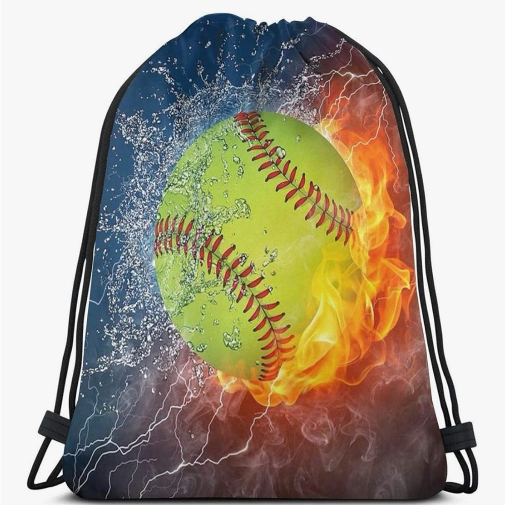CLOSET CLEAR OUT NWT Drawstring Bag with Fiery Softball Design